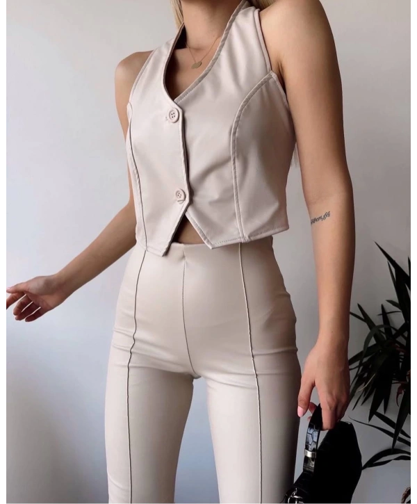 İki düğmeli deri yelek krem s243001