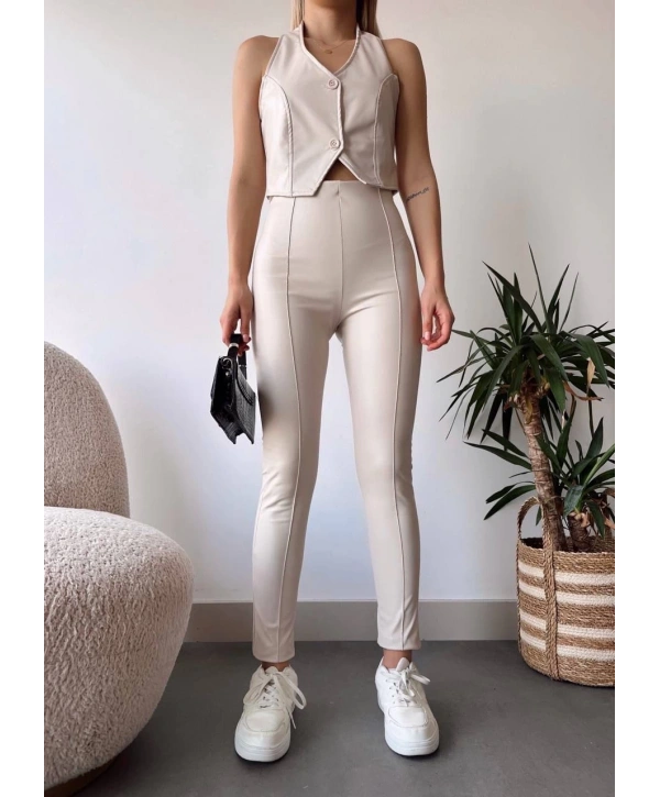 İki düğmeli deri yelek krem s243001