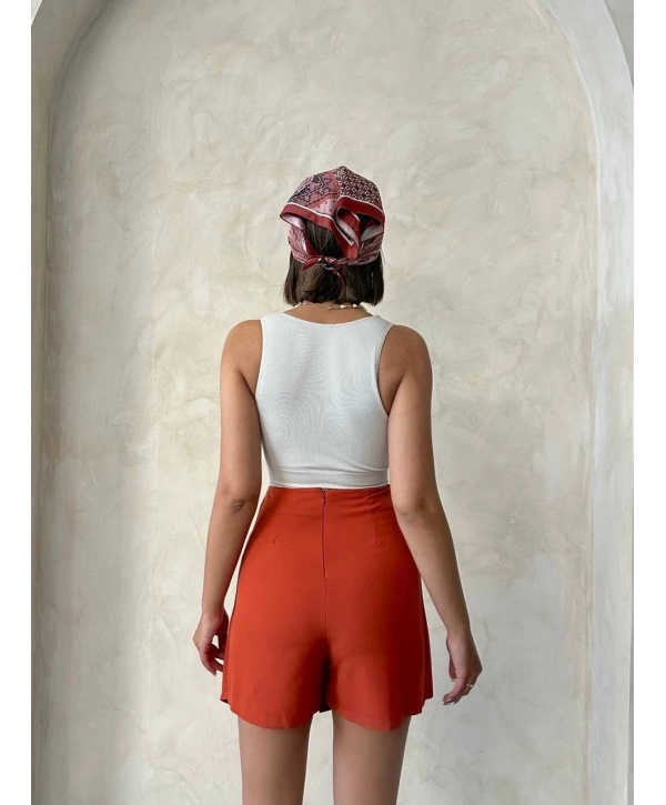 İki düğmeli kapaklı şort etek kremit s24046