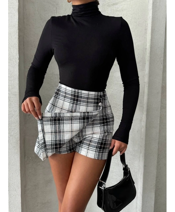 İki düğmeli şort ch kumaş etek ekoseli siyahbeyaz h26414