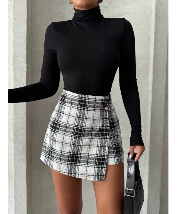 İki düğmeli şort ch kumaş etek ekoseli siyahbeyaz h26414