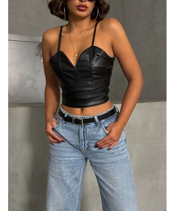 İp askılı yandan fermuarlı rastale deri crop siyah s24113