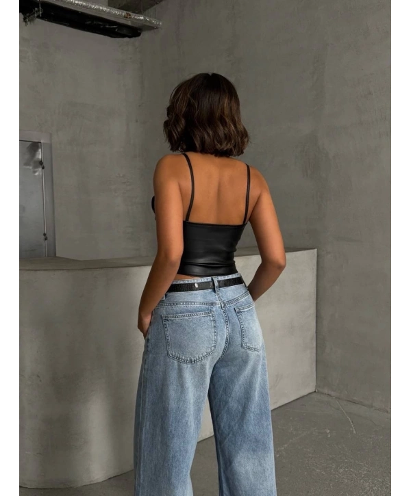 İp askılı yandan fermuarlı rastale deri crop siyah s24113