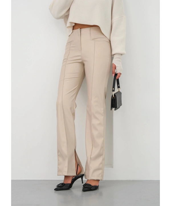 İspanyol yırtmaçlı paça deri pantolon bej hn