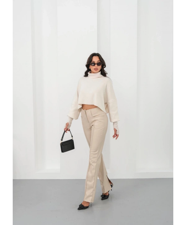 İspanyol yırtmaçlı paça deri pantolon bej hn