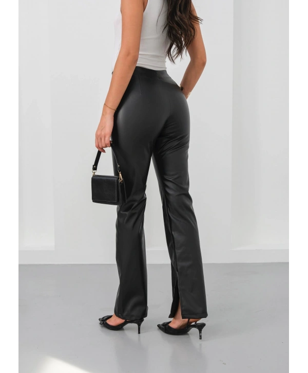 İspanyol yırtmaçlı paça deri pantolon siyah hn