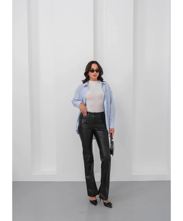 İspanyol yırtmaçlı paça deri pantolon siyah hn