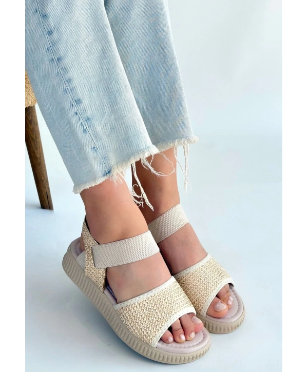 Jake Bej Hasır Cilt Sandalet