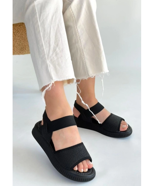 Jake Siyah Hasır Cilt Sandalet