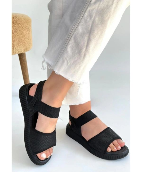 Jake Siyah Hasır Cilt Sandalet