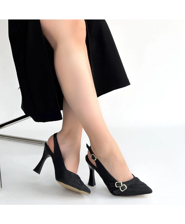 Jedda Siyah Simli Cilt Topuklu Ayakkabı