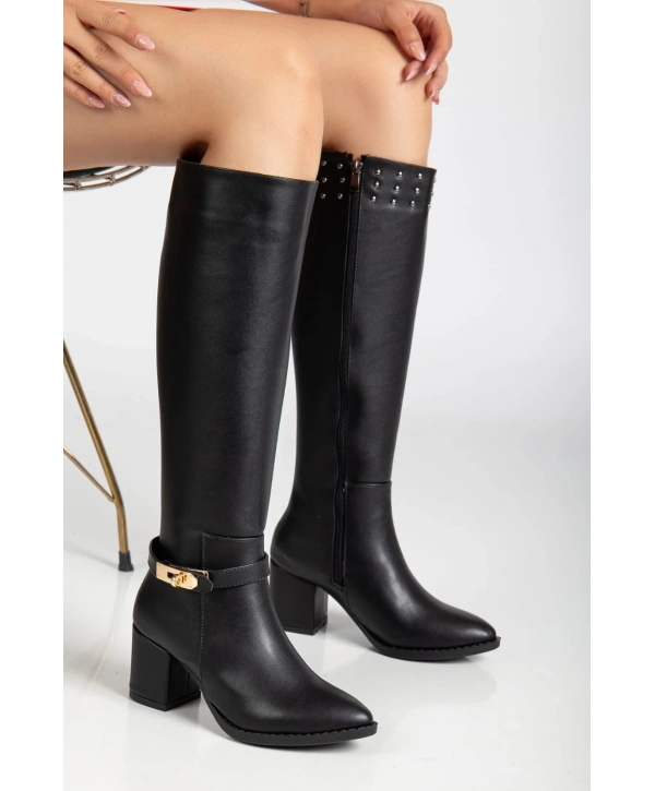 Jeoli Siyah Cilt Topuklu Çizme