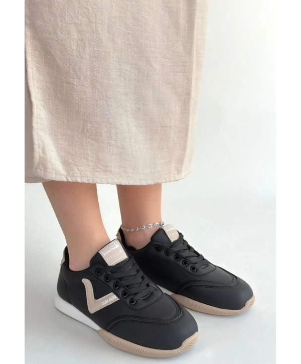 Jowen Siyah Cilt Bej Detaylı Bağcıklı Spor Ayakkabı