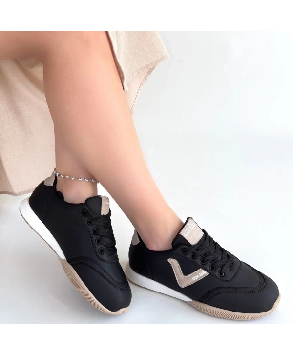 Jowen Siyah Cilt Bej Detaylı Bağcıklı Spor Ayakkabı