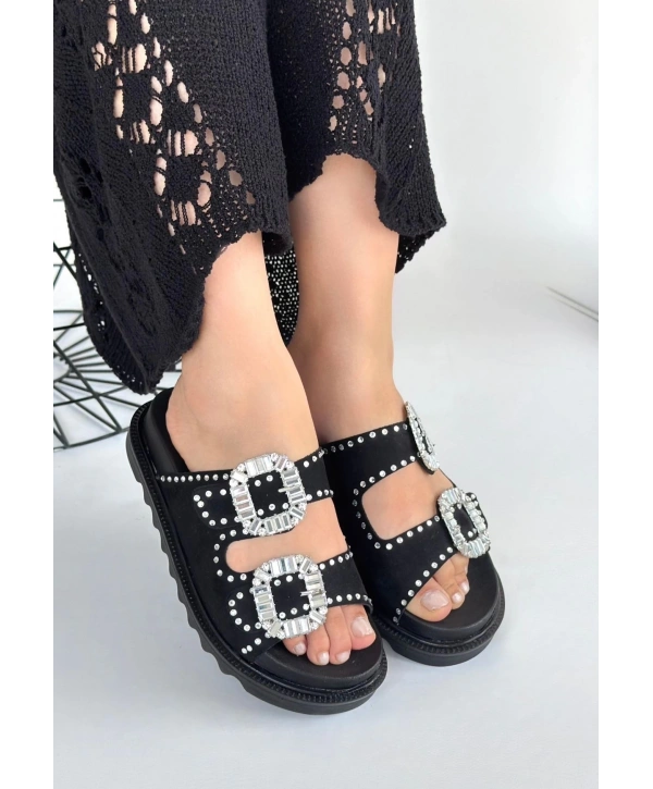 Juana Siyah Nubuk  Taşlı Terlik