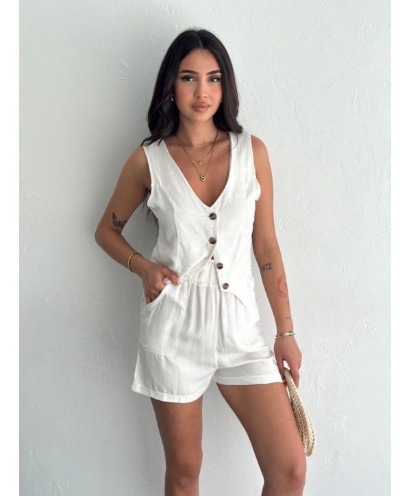 Kadın keten şort yelek takım s3461
