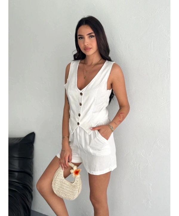 Kadın keten şort yelek takım s3461