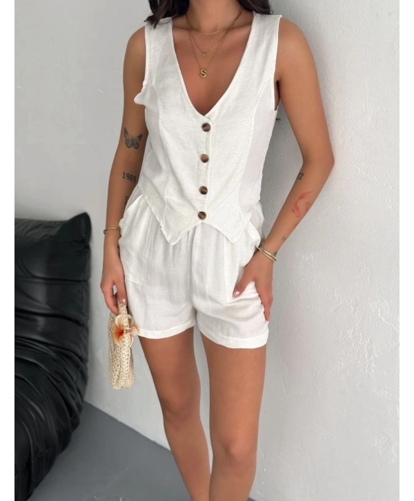 Kadın keten şort yelek takım s3461