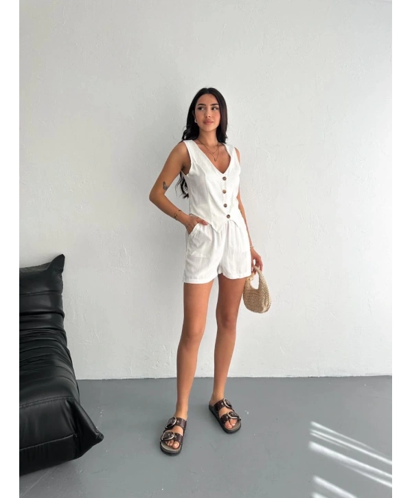 Kadın keten şort yelek takım s3461