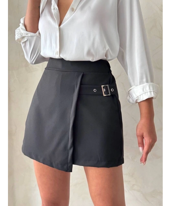 Kadın tokalı şort etek siyah s25449