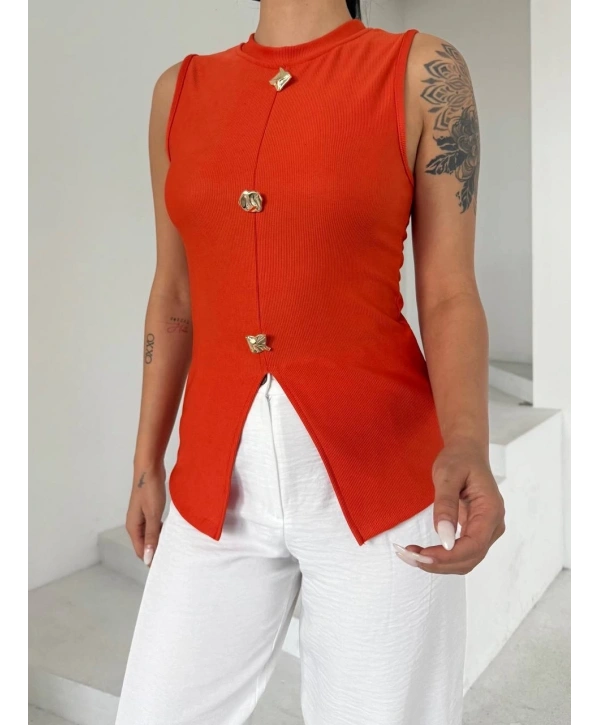 Kadın turuncu bisiklet yaka gold düğmeli ottoman bluz s2310