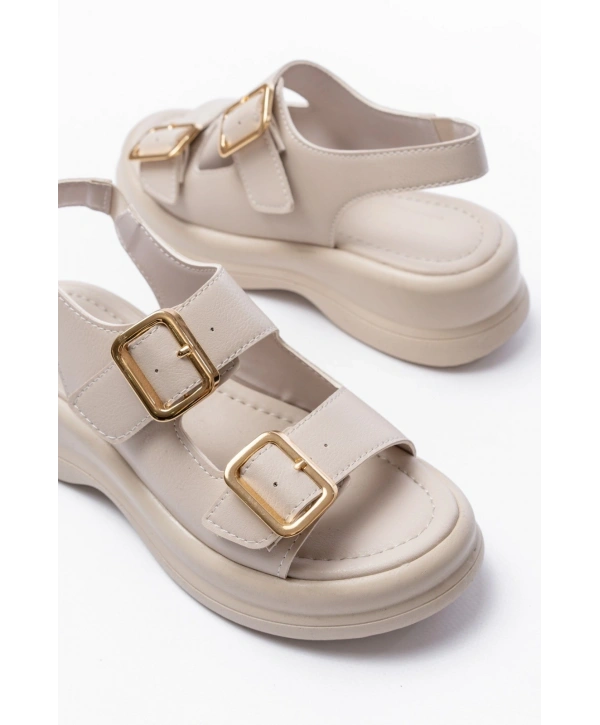 Kaji Bej Cilt Çift Tokalı Sandalet