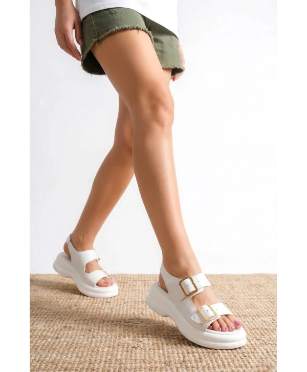 Kaji Beyaz Cilt Çift Tokalı Sandalet