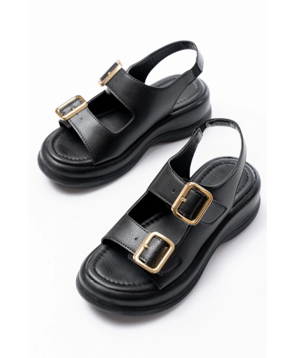 Kaji Siyah Cilt Çift Tokalı Sandalet