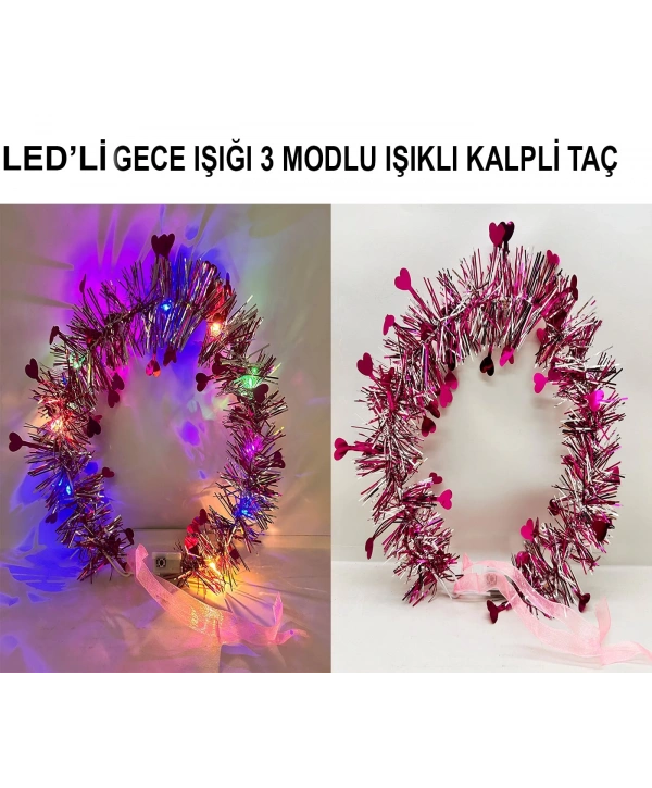 Kalp Püsküllü Gece Parıltısı 3 Modlu Led39li Işıklı Taç Fuşya Renk