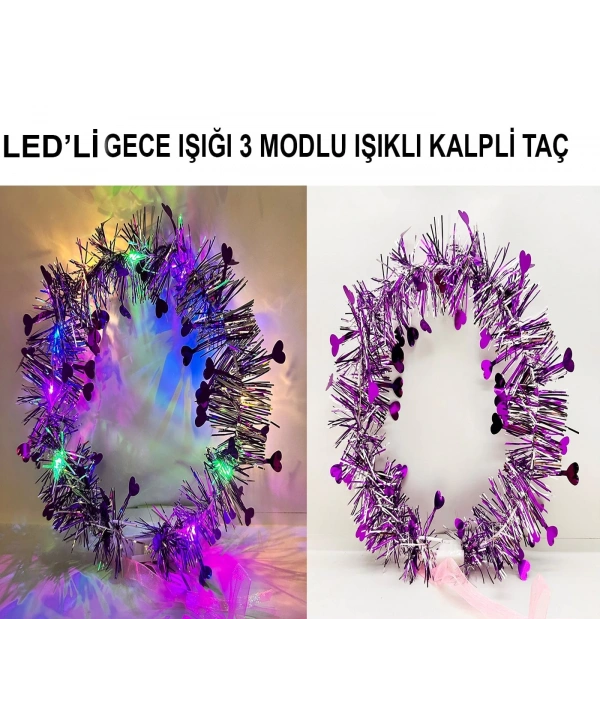 Kalp Püsküllü Gece Parıltısı 3 Modlu Led39li Işıklı Taç Mor Renk