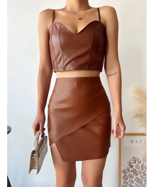Kapaklı asimetrik model deri etek kahve s240106