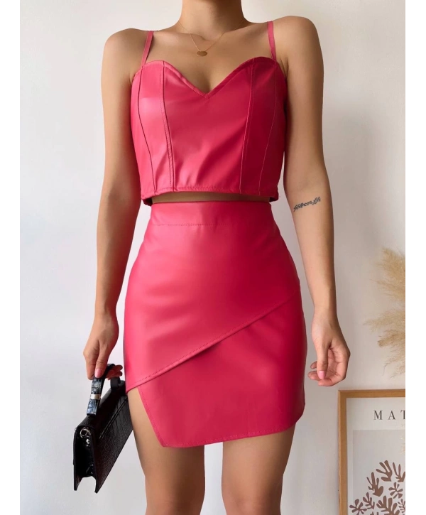 Kapaklı asimetrik model deri etek pembe s240106