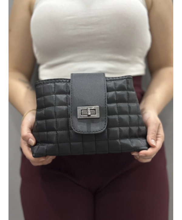 Kapaklı kapitone siyah cilt çanta