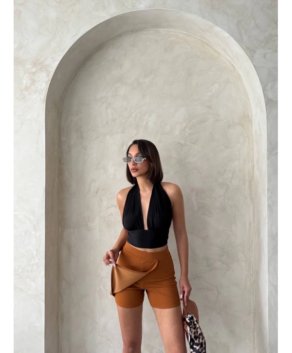 Kapaklı şort etek camel s208