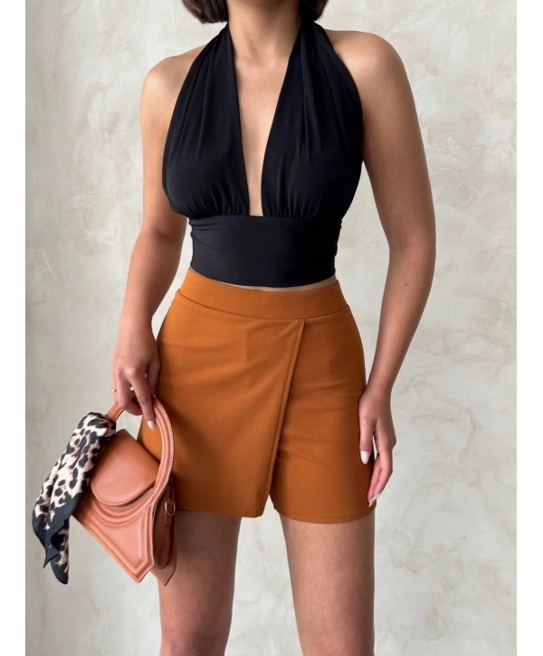 Kapaklı şort etek camel s208