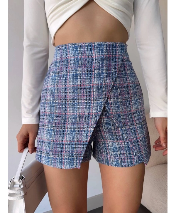 Kapaklı tüvit şort etek mavi
