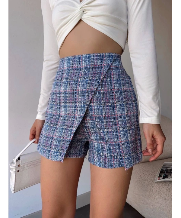 Kapaklı tüvit şort etek mavi