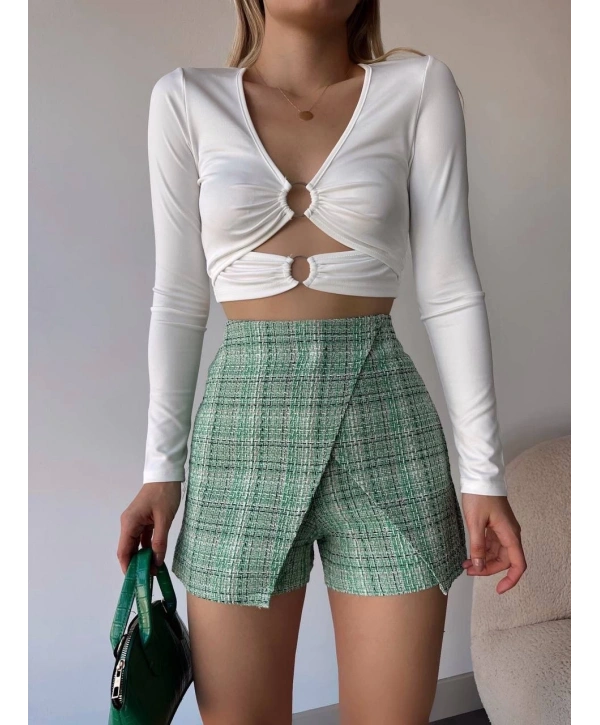 Kapaklı tüvit şort etek yeşil