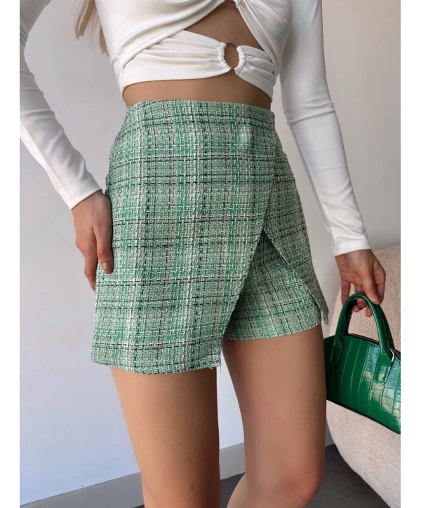 Kapaklı tüvit şort etek yeşil