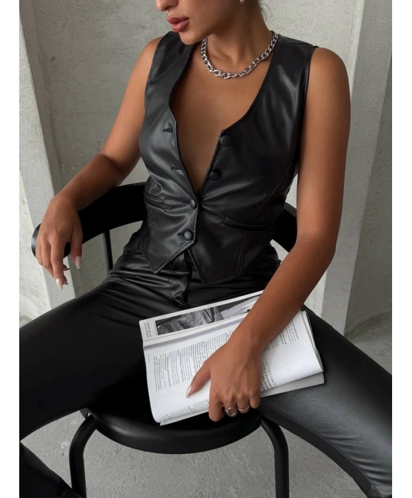 Kaplama düğmeli deri yelek siyah s24398