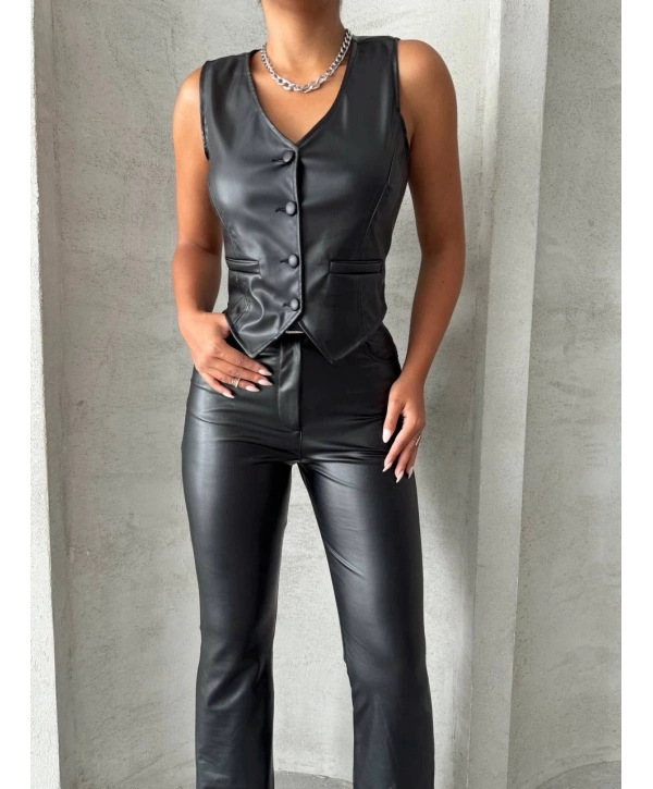 Kaplama düğmeli deri yelek siyah s24398