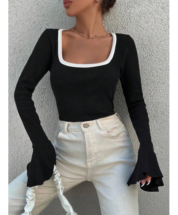 Kare yaka garni detay ispanyol kol bluz siyah a3105