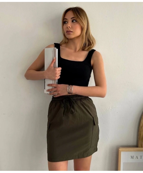 Kargo cep ince paraşüt etek haki s241019