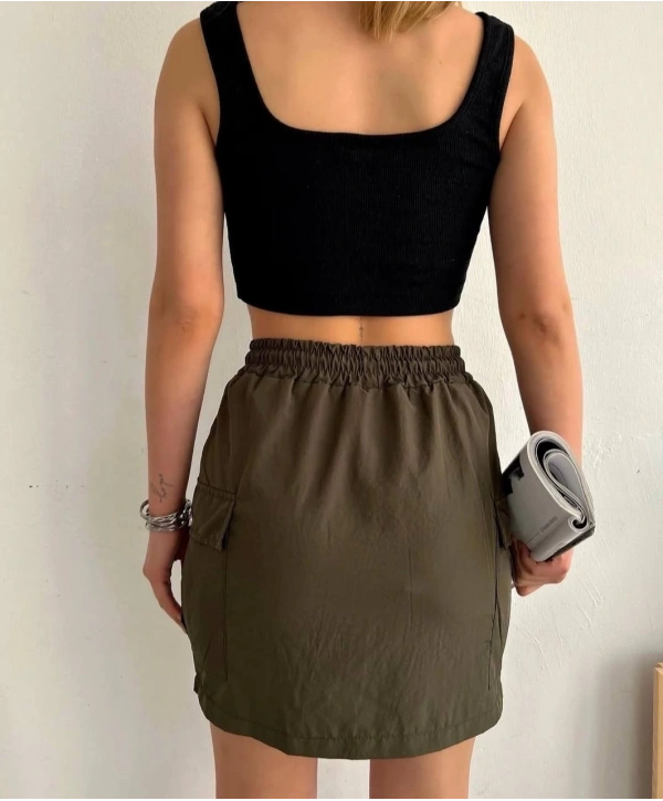 Kargo cep ince paraşüt etek haki s241019