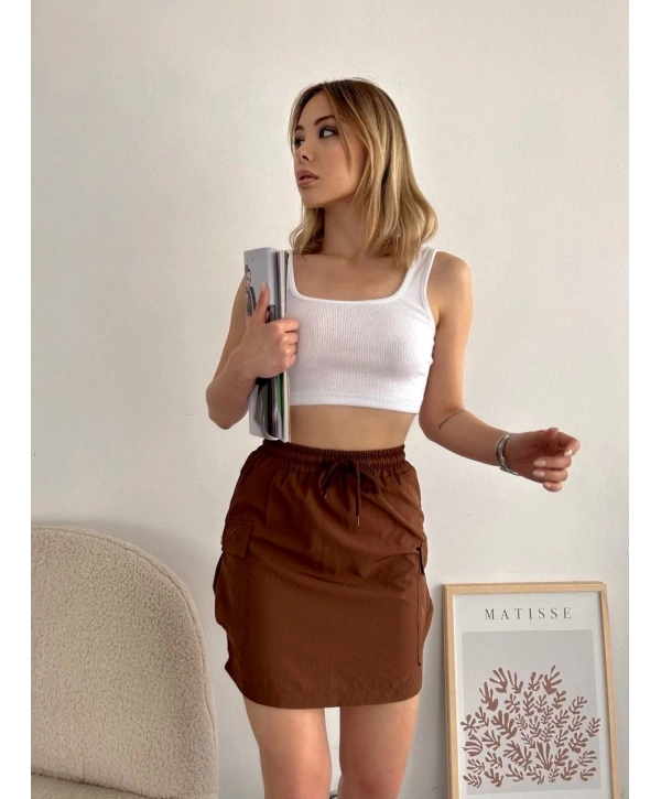 Kargo cep ince paraşüt etek kahve s241019