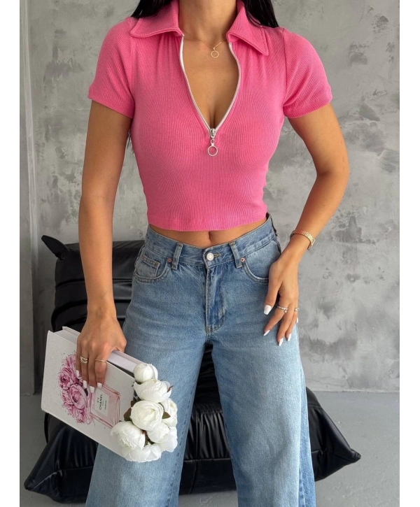 kaşkorse yaka fermuarlı bluz fuşya