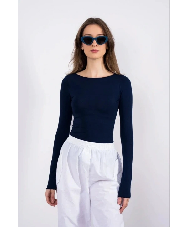 Kayık yaka uzun kollu bluz lacivert pt