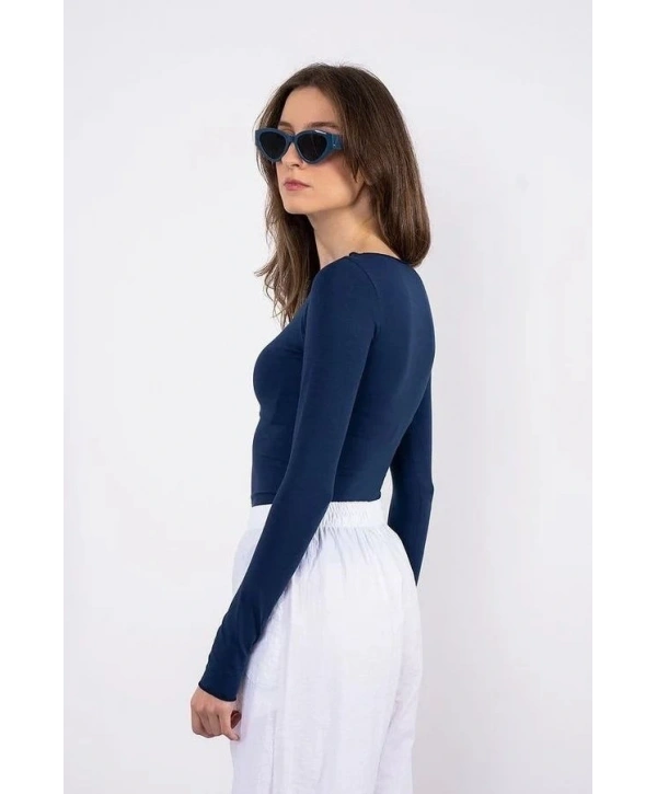 Kayık yaka uzun kollu bluz lacivert pt