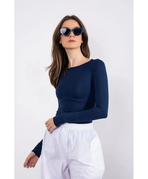 Kayık yaka uzun kollu bluz lacivert pt