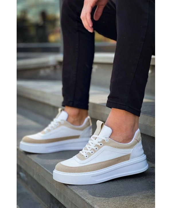 KB-006 Kuback Beyaz Cilt Bej Süet  Yüksek Taban Bağcıklı Günlük Erkek Ayakkabı